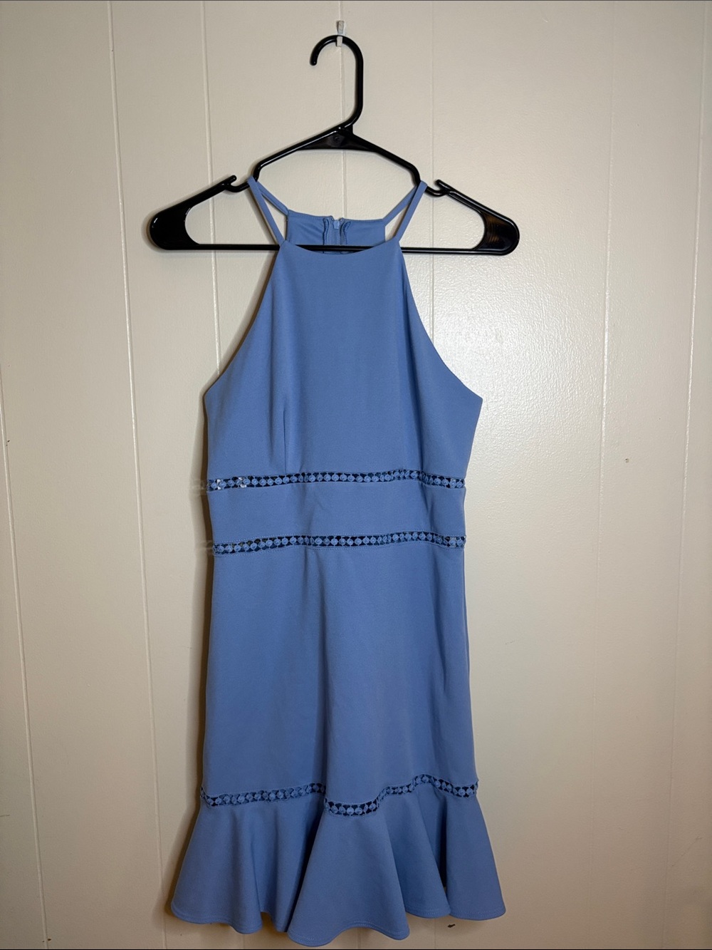B. Smart Cornflower Blue Halter Midi Dress with Crochet Trim